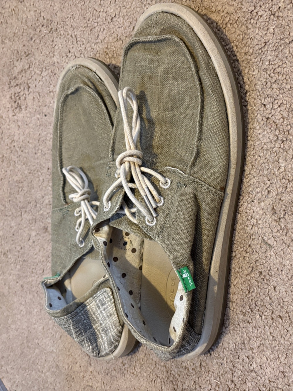 Sanuk Olive Canvas Lace-Up Slip-On Loafers with Cream Laces